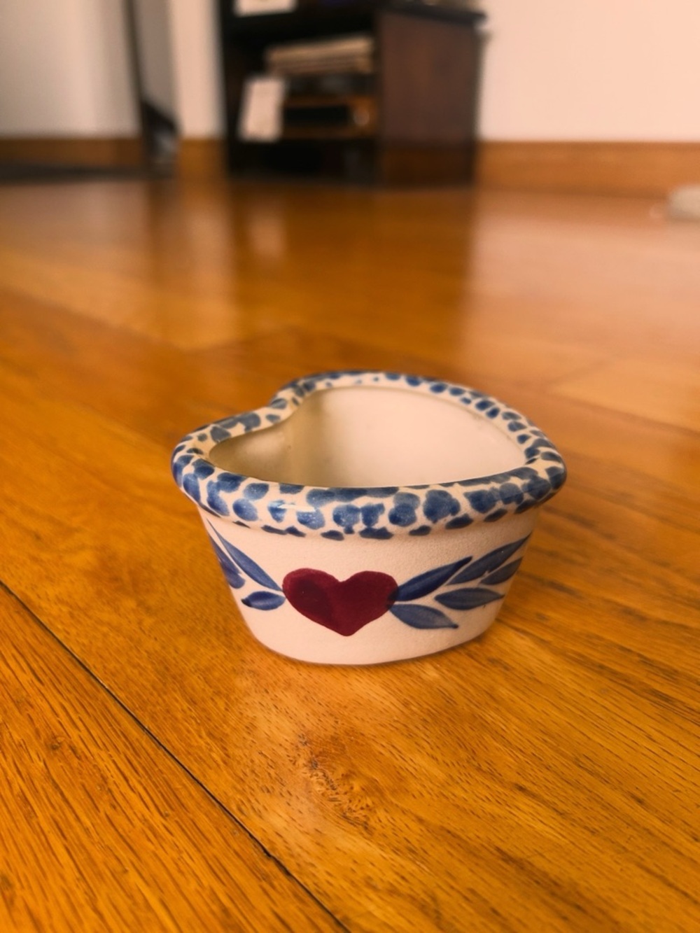 Vintage Blue and Red Heart Shaped Ceramic Sponge Ware Trinket Dish